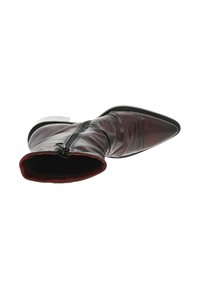 Bottine en cuir marron avec un nez pointu, finition brillante, fermeture éclair sur le côté et doublure intérieure rouge. Présente un talon fin noir.