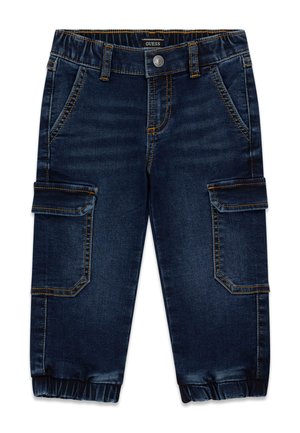 Granatowe spodnie bojówki z denimu dla dzieci z elastycznym pasem i ściągaczami, przednimi kieszeniami oraz kieszeniami z patkami na nogawkach.