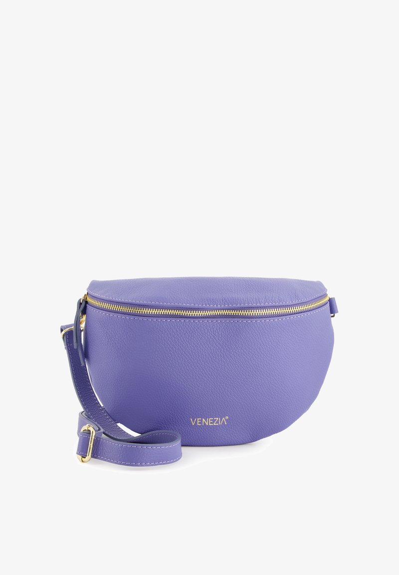Purple leather crossbody bag with a round shape, gold zipper, and adjustable strap. Features a textured surface and brand logo.