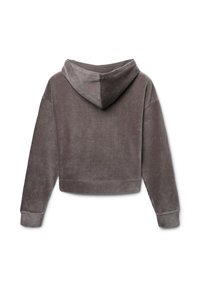 Grauer, taillierter Hoodie aus weichem Cord mit einer strukturierten Kapuze, geripptem Textur und enganliegenden Bündchen. Schlichtes Design ohne sichtbare Logos.