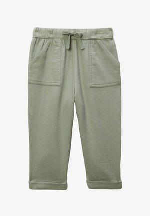 Pantalon vert clair pour tout-petit avec ceinture élastique, cordon de serrage ajustable, poches plaquées à l'avant et revers roulés.