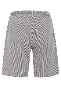 Shorts rayés bleu et blanc, dotés d'une taille élastique, longueur mi-cuisse, avec une texture en coton douce. Pas de poches visibles.