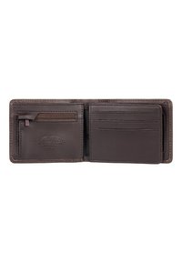 Brown leather wallet, bifold design with a zippered coin section, multiple card slots, embossed logo on the inside, smooth texture.