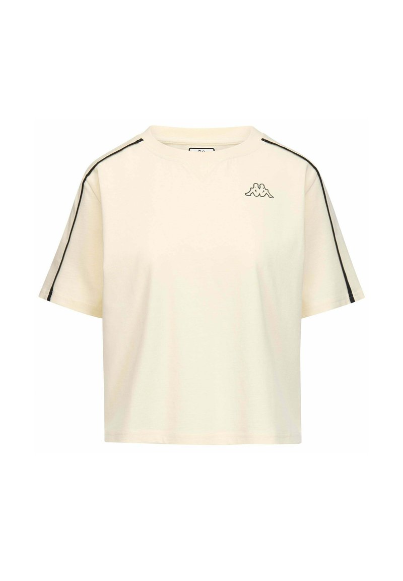 Maglietta corta color crema con scollatura rotonda, maniche corte e strisce laterali nere. Presenta un piccolo logo sul lato sinistro del petto.