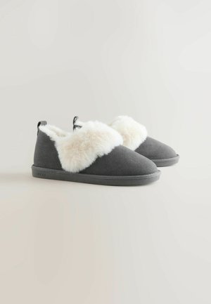 Gray slippers with a soft white faux fur trim, rounded toe, and flat rubber sole. Features a pull tab for easy wear.