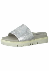 Sandalo scivoloso in metallo argento con tomaia texturizzata, soletta morbida e suola in gomma bianca con un motivo a zigzag.