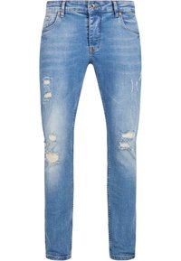 Világoskék, koptatott slim fit farmernadrág, elől szakadt részekkel, klasszikus öt zsebes kialakítással, cipzáros, gombos záródással.