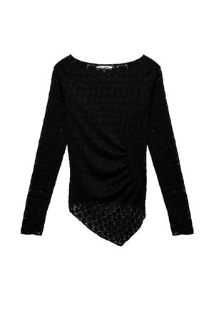 Schwarzes Langarmtop aus Spitze mit einem strukturierten Blumenmuster, mit einem drapierten Vorderteil und einem asymmetrischen Saum.