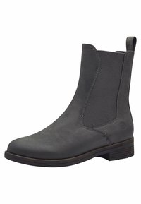 Bottines grises avec une finition lisse et texturée ; panneaux latéraux élastiques, petit talon carré et coutures décoratives. Équipées d'une languette à l'arrière pour un enfilage facile.