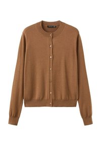 Cárdigan marrón de punto con un escote redondo, mangas largas y cierre de botones. Presenta pequeños botones de color claro y un dobladillo y puños acanalados.