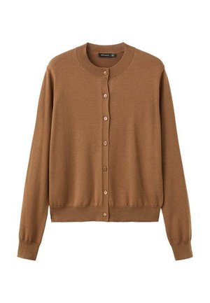Hnedý pletený kardigán s okrúhlym výstrihom, dlhými rukávmi a predným zapínaním na gombíky. Obsahuje malé, svetlé gombíky a rebrované lemy a manžety.