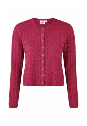 Fuchsiafarbener Strickcardigan mit Knöpfen, langen Ärmeln und rundem Ausschnitt, verziert mit silbernen Zierknöpfen auf der Vorderseite.