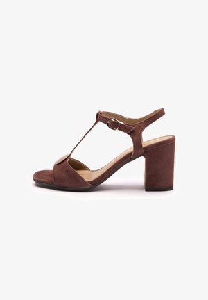 Brązowy zamszowy sandał z paskiem typu T, otwartym noskiem i masywnym obcasem na słupku. Posiada regulowany pasek na kostkę z złotą klamrą.