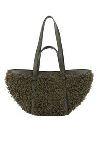 Olive green tote bag with curly textured fabric on the front, smooth leather straps, and a structured shape. Accentuated by a textured finish.