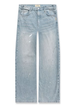 Light blue wide-leg jeans with paint splatter details, metal studs on front pockets, and a button closure at the waist.