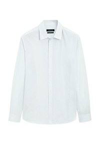 Lichtblauwe langemouwen blouse van gestructureerde stof, met een klassieke kraag en een knoopsluiting aan de voorkant. Inclusief knoopmanchetten en een gebogen zoom.