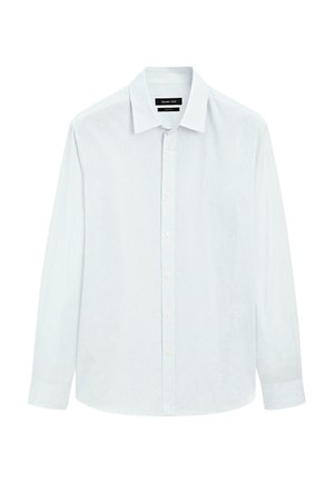 Light blue long-sleeve shirt made of textured fabric, featuring a classic collar and button front. Includes buttoned cuffs and a curved hem.