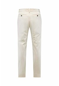 Lichtbeige broek met een recht design, voorzien van twee achterzakken met zwarte knopen en riemlussen in de taille. Soepele textuur.