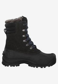 Schwarzer wasserdichter Winterstiefel mit Fütterung aus Kunstfell, Schnürung an der Vorderseite und Gummisohle. Verfügt über Metallösen und strukturierte Zwischensohle für besseren Halt.