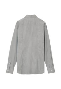 Camicia a maniche lunghe grigia con un piccolo motivo geometrico, dotata di colletto, polsini con bottone e pince laterali per una vestibilità migliore.