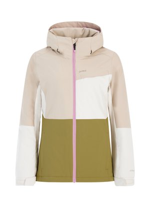 Gekleurde blokjas met crème, olijfgroene en beige panelen. Voor gesloten rits met contrasterende roze rits, verstelbare capuchon en zakken.