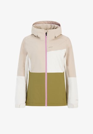 Gekleurde blokjas met crème, olijfgroene en beige panelen. Voor gesloten rits met contrasterende roze rits, verstelbare capuchon en zakken.