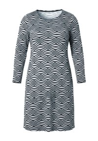 Černé a šedé šaty s dlouhým rukávem zobrazující cikcak vzor, kulatý výstřih a volný střih, vyrobené z jemné, pružné látky.