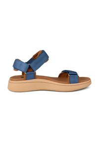 Blue fabric sandals with cross straps, cushioned tan footbed, and a lightweight beige outsole. Designed for comfort and support.