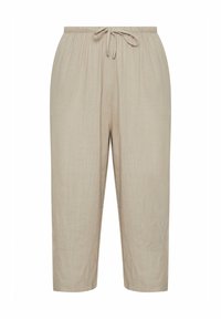 Beige linnen broek met een elastische tailleband en verstelbaar koord. Verkorte lengte met een soepele textuur. Geen zichtbare patronen of accenten.