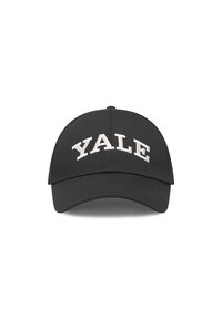 Svart baseballcaps med buet skygge, med hvit brodering som sier "YALE" på forsiden. Laget av bomull, glatt tekstur.