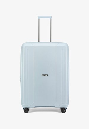Hellblauer Hartschalenkoffer mit ausziehbarem Teleskopgriff, vier schwarzen Spinner-Rollen und mittig vorne platziertem "EPIC" Markenlogo.