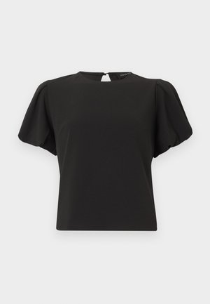 Μαύρο μπλουζάκι με κοντά μανίκια και φουσκωτά μανίκια, στρογγυλή λαιμόκοψη και μικρό άνοιγμα με κουμπί στο πίσω μέρος.