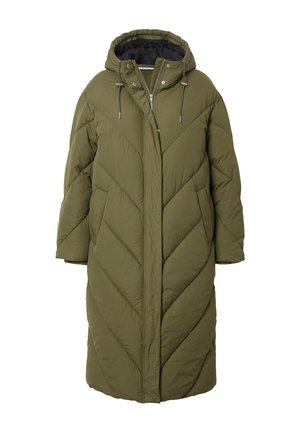 Olivgrüner, gepolsterter Mantel mit Kapuze, diagonaler Steppung, langen Ärmeln, Frontreißverschluss und Zugbandakzenten für eine verstellbare Passform.