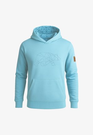 Helleblaue Hoodie mit einem geometrischen Bärenmuster in Stickerei. Verfügt über eine Kängurutasche und ein gemustertes Futter in der Kapuze.