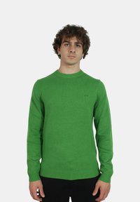 Maglione verde a girocollo con polsini e orlo a costine, realizzato in tessuto a maglia testurizzata; presenta un piccolo logo nero sul lato sinistro del petto.
