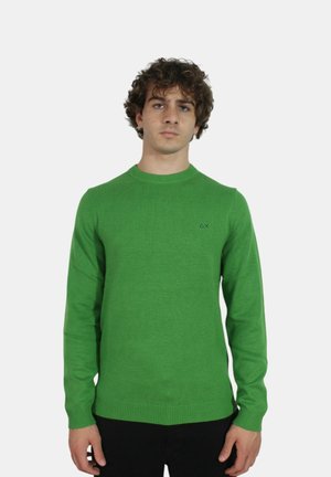 Maglione verde a girocollo con polsini e orlo a costine, realizzato in tessuto a maglia testurizzata; presenta un piccolo logo nero sul lato sinistro del petto.