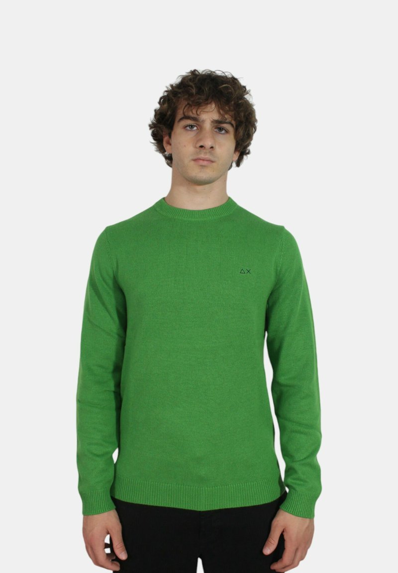 Maglione verde a girocollo con polsini e orlo a costine, realizzato in tessuto a maglia testurizzata; presenta un piccolo logo nero sul lato sinistro del petto.
