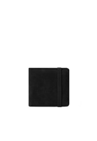 Black leather wallet with a smooth texture, rectangular shape, elastic band closure, and embossed branding on the lower edge.