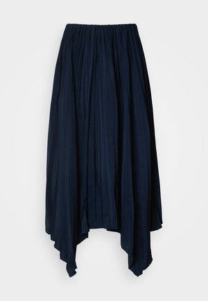 Marineblå, samlet maxiskirt med en flydende, asymmetrisk kant og blød tekstur. Fremstillet af letvægtsmateriale med lodrette plisser.
