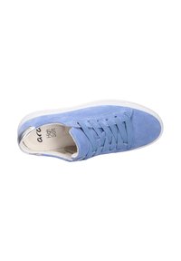 Light blue suede sneaker with a white rubber sole, round toe, lace-up design, and silver accents at the heel. Soft inner lining visible.