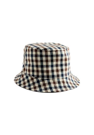 Cappello a secchiello in cotone a scacchi marrone e blu con una larga visiera e una corona strutturata, caratterizzato da una texture liscia e cuciture accuratamente realizzate.