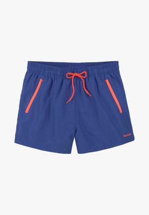 Navy blue swim shorts with an elastic waistband, orange drawstring, and two side zippered pockets. "Bench." logo in red on the front.