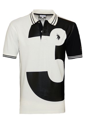 Polo noir et blanc avec un grand motif du chiffre "3", col à boutons et manches rayées. Fabriqué en coton avec une texture lisse.