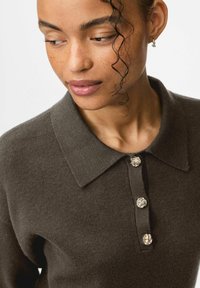 Mörkbrun tröja med polokrage, med fyra dekorativa silverknappar och ett mjukt texturerat tyg. Inga mönster eller accenter.