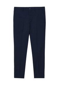 Pantaloni blu navy con un sottile motivo a quadri, gamba dritta, tasche laterali e chiusura con bottone in vita. Realizzati in un tessuto morbido e liscio.