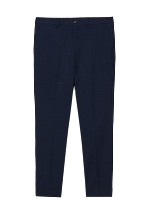 Marineblaue Hosen mit einem dezenten Karomuster, flachem Front, seitlichen Taschen und Knopfverschluss am Bund. Hergestellt aus einem weichen, glatten Stoff.