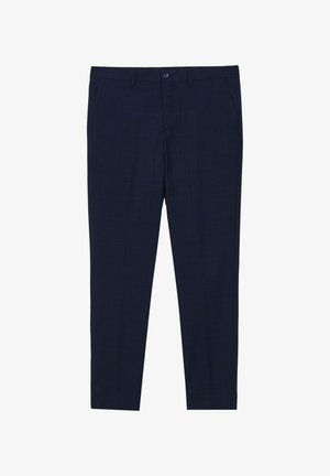 Marineblaue Hosen mit einem dezenten Karomuster, flachem Front, seitlichen Taschen und Knopfverschluss am Bund. Hergestellt aus einem weichen, glatten Stoff.