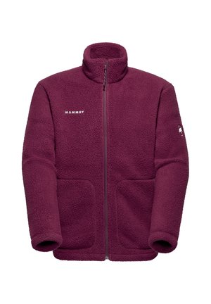 Polarowa kurtka w ciemnym burgundzie, z wysokim kołnierzem, pełnym zamkiem z przodu oraz dwoma przednimi kieszeniami. Wyhaftowane logo na lewej piersi i rękawie.