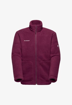 Polarowa kurtka w ciemnym burgundzie, z wysokim kołnierzem, pełnym zamkiem z przodu oraz dwoma przednimi kieszeniami. Wyhaftowane logo na lewej piersi i rękawie.