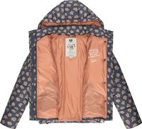 Kvadrični jopič z cvetličnim vzorcem v modri in beli barvi, ki ima kapuco in roza oblogo. Vključuje etiketo in besedilo na notranjosti.